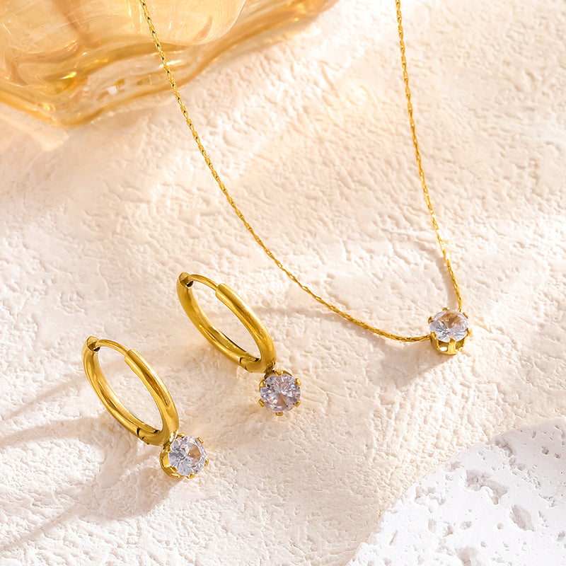 French Style Zircon Titanium Steel Earrings Necklace Set