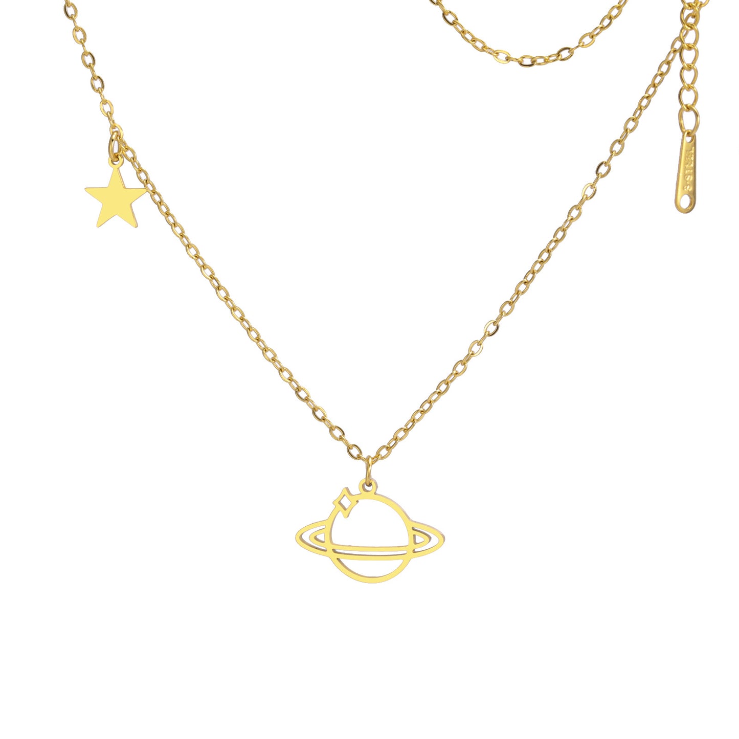 Geometric Planet Saturn Necklace Gold Plated Titanium Steel Chain