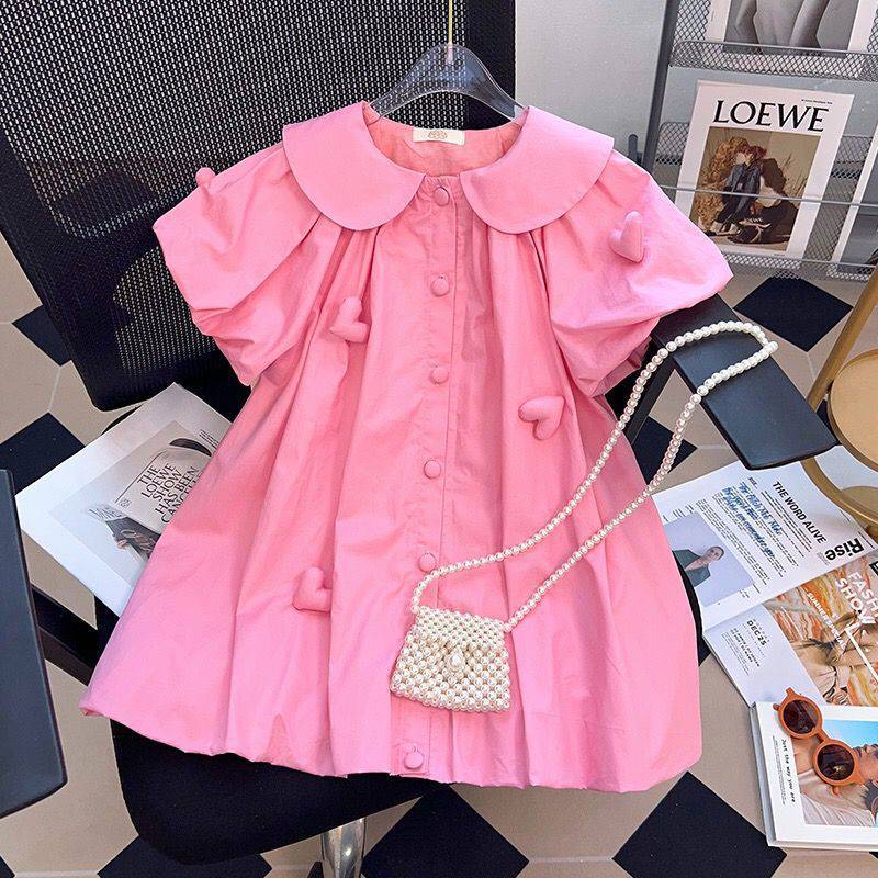 Girls' Heart Collar Puff Sleeve Shirt Dress