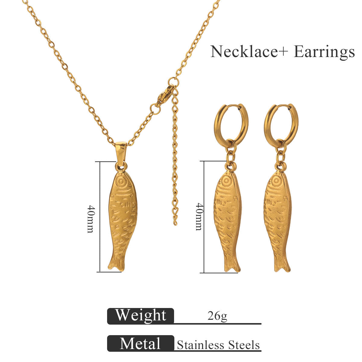 Golden Fish Pendant Titanium Steel Necklace and Earrings