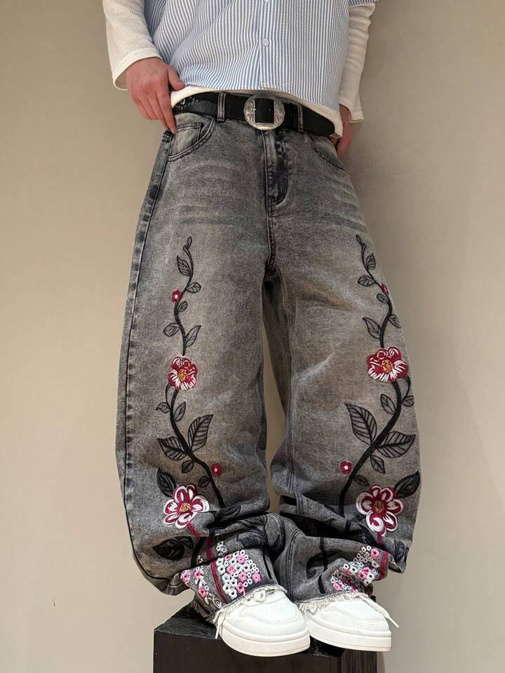 Gothic Style Cherry Blossom Embroidered Unisex Straight Leg Jeans