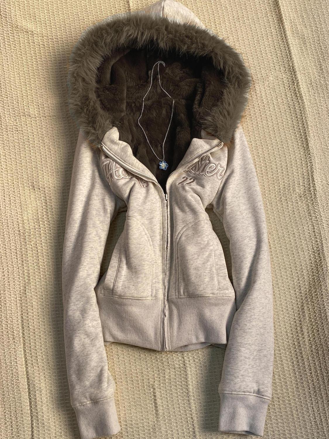 Gray Velvet Embroidered Letter Hooded Cardigan