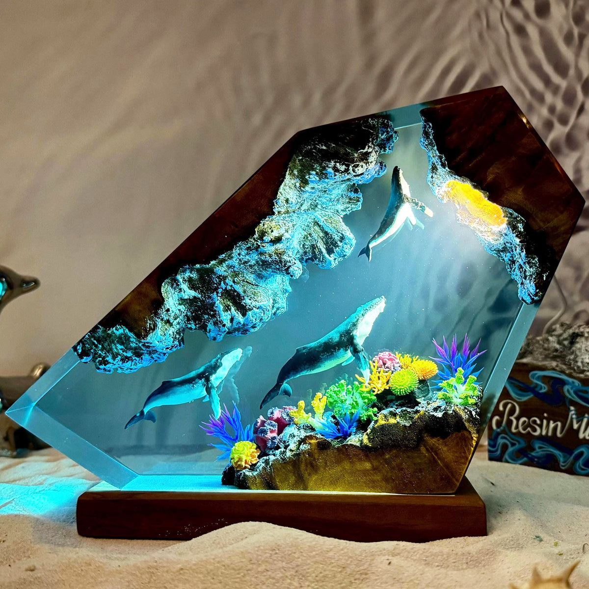 Handmade Resin Wood Night Light with Whale Design
