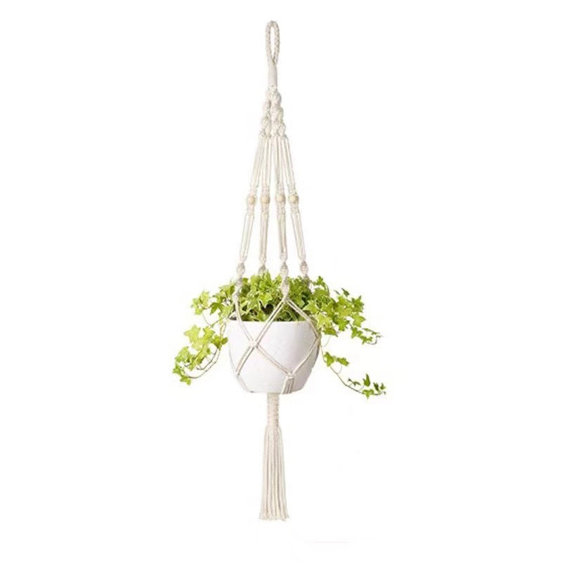 Handwoven Cotton Hanging Plant Basket with Decorative Accents