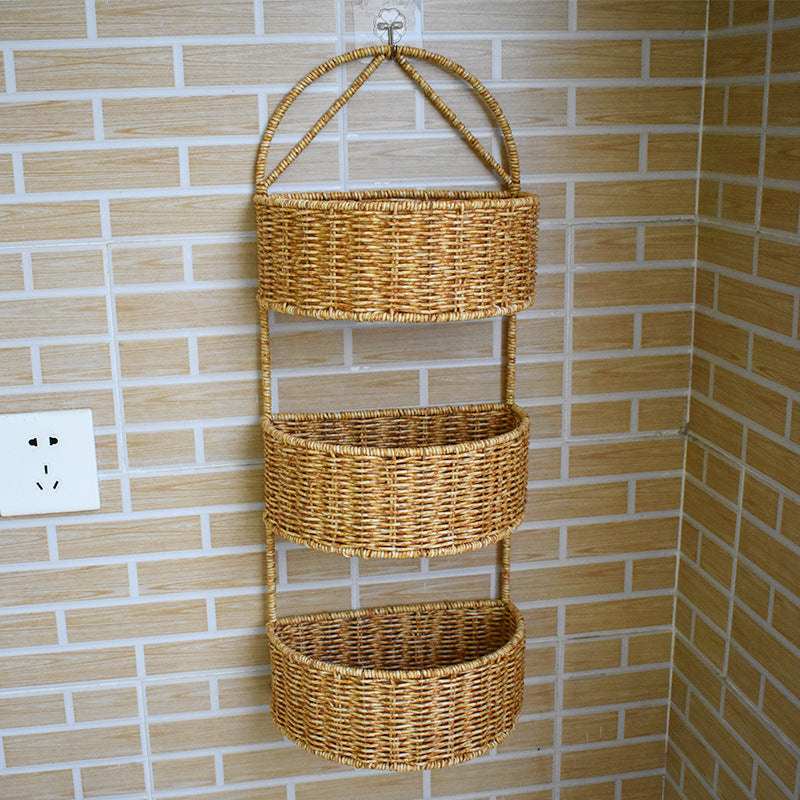 Imitation Rattan Woven Basket Three-layer Two-layer Wall-mounted Basket Household Kitchen Ginger and Garlic Storage Basket Kitchenware Hanging Basket Living Room Finishing Frame