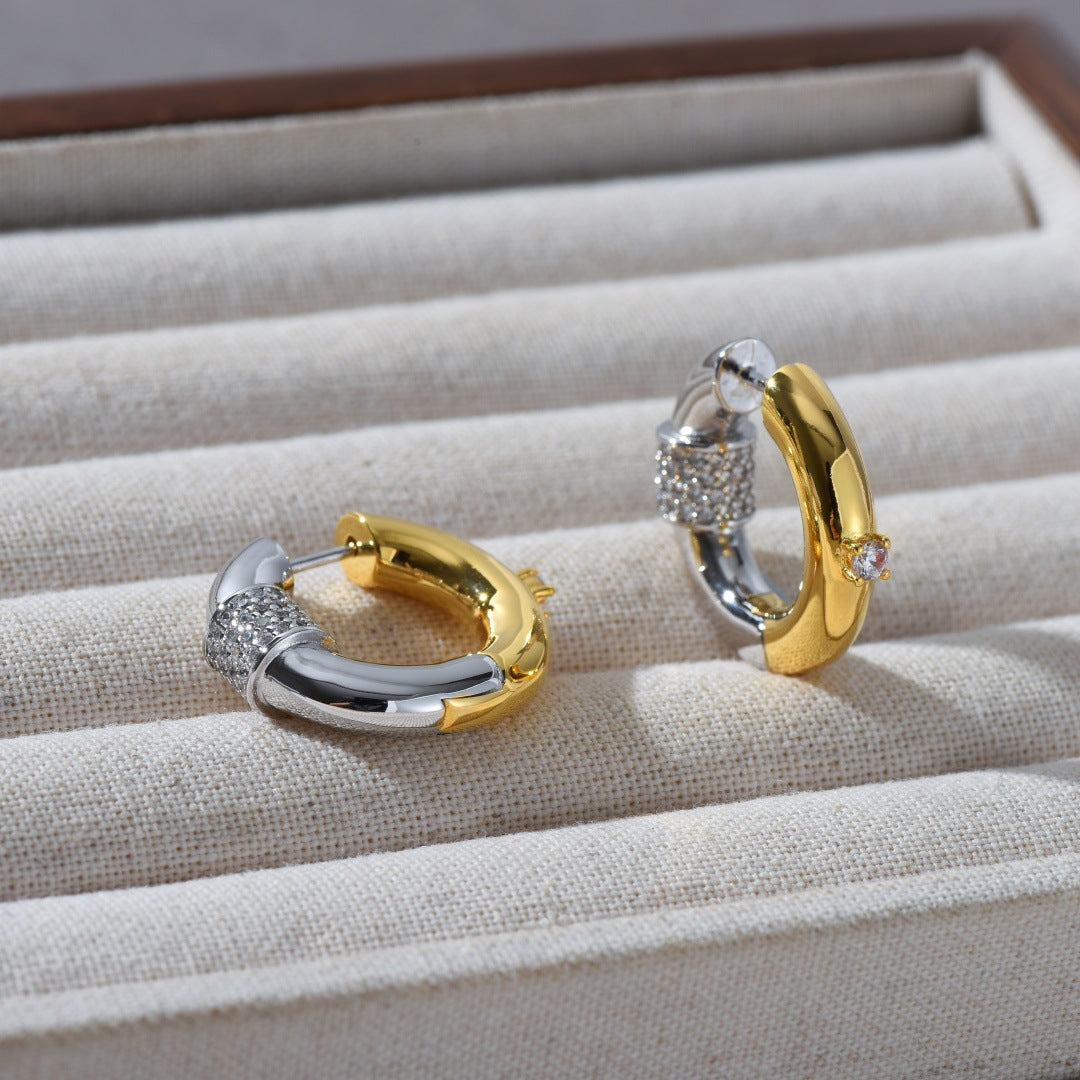Inlaid with Zircon, Gold and Silver Two-Tone Ear Clips