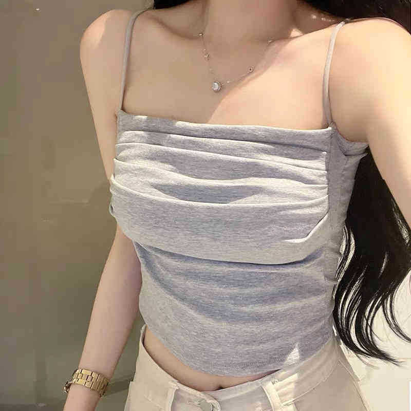 Korean Off-Shoulder Pleated Camisole Top with Adjustable Straps
