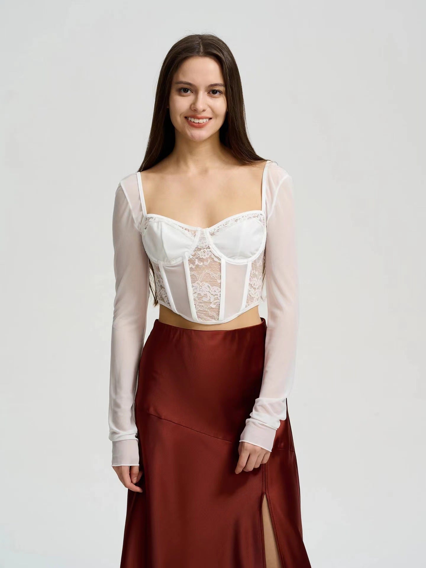 Lace netting fishbone fitted long-sleeved top