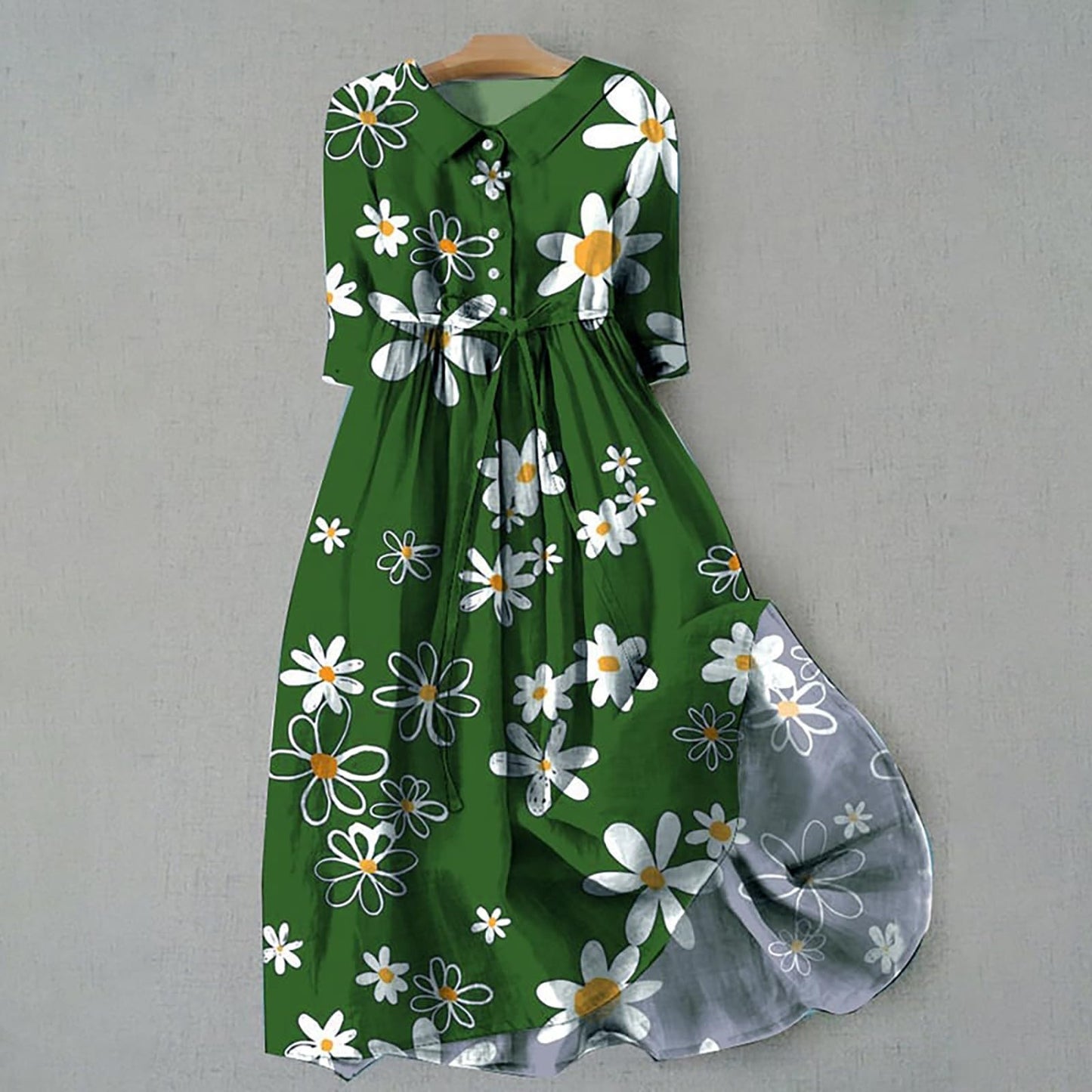 Lapel collar cotton blend long dress