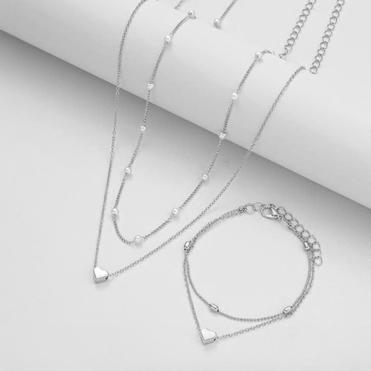 Layered Heart Pearl Necklace Bracelet Set