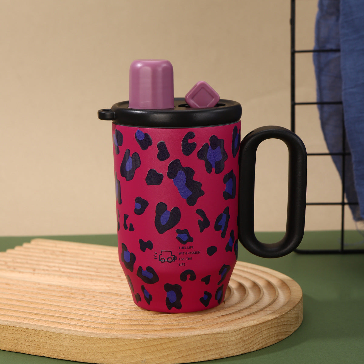 Leopard Print Stainless Steel Thermos Cup with Straw Lid