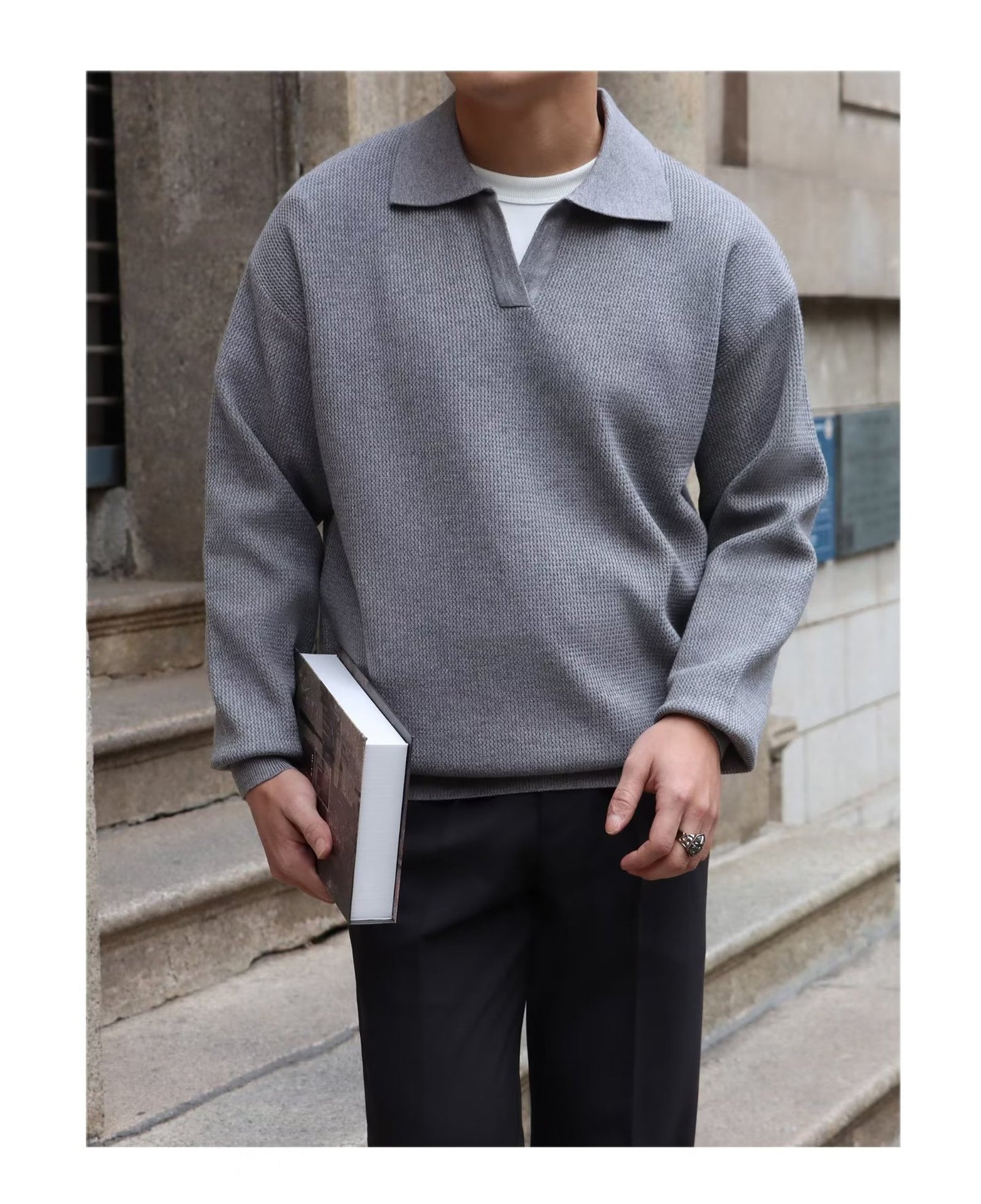 Light-mature style V-neck knitted pullover sweater