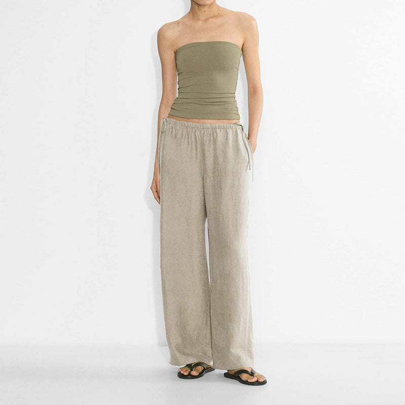 Linen Wide-Leg Pants for Women, Spring Long Pants with Elastic Waist, Drapey Linen Casual Pants, Loose Cotton-Linen Straight-Leg Pants