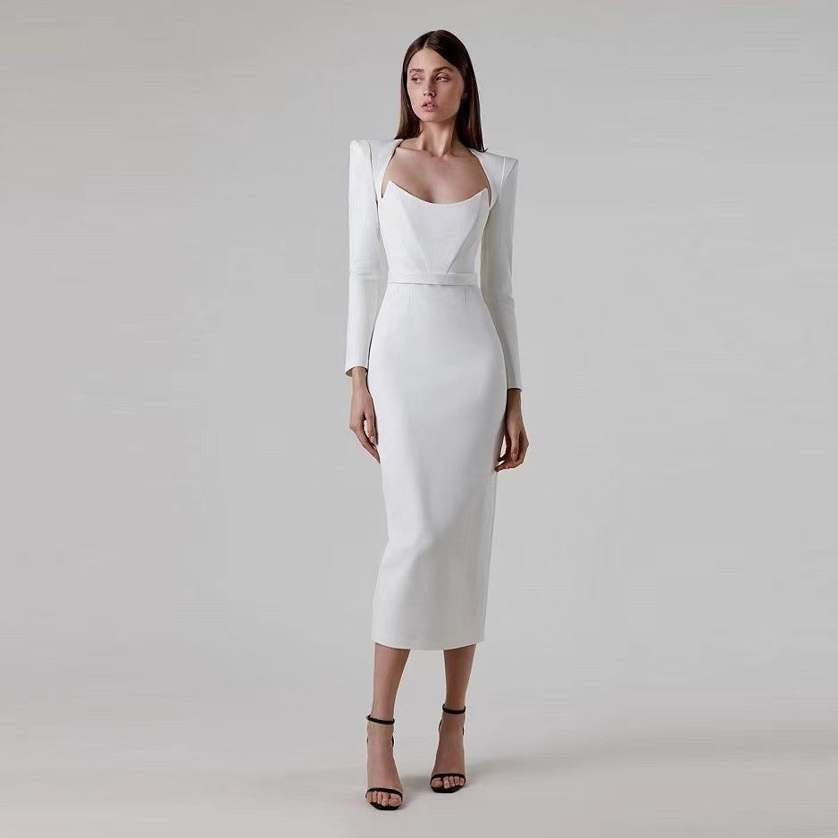 Long-sleeved fishbone high-waisted skirt