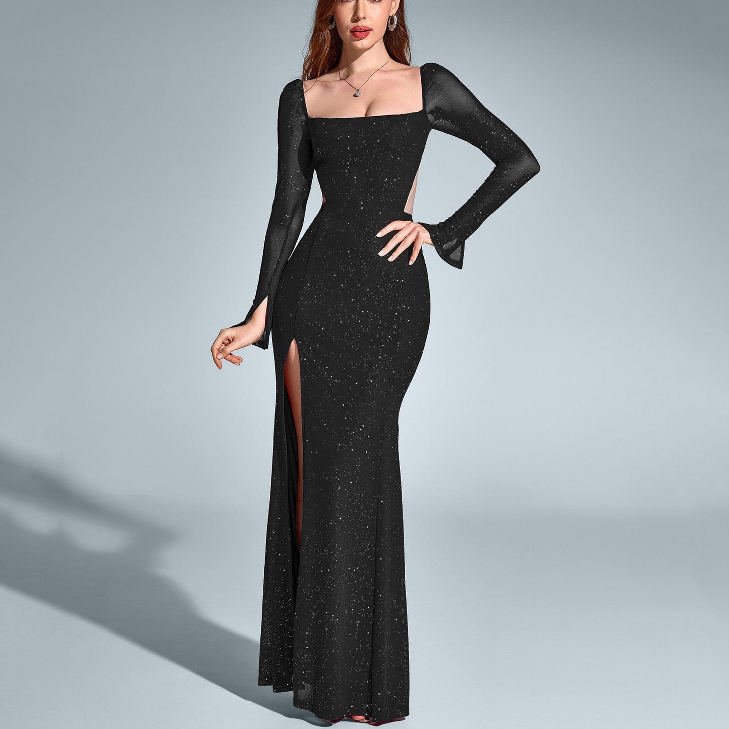 Long sleeved mesh backless square-neck dress