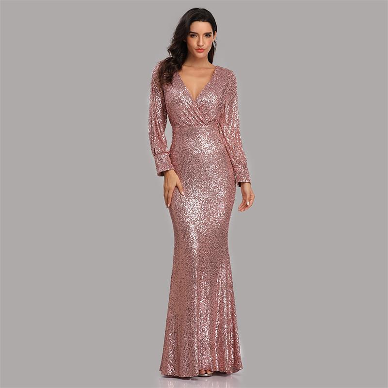 Long-sleeved V-neck sequined fishtail dress