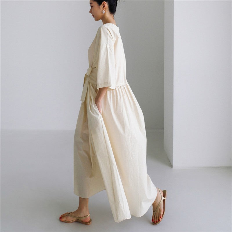 Loose Round Neck Knee Length Cotton Dress