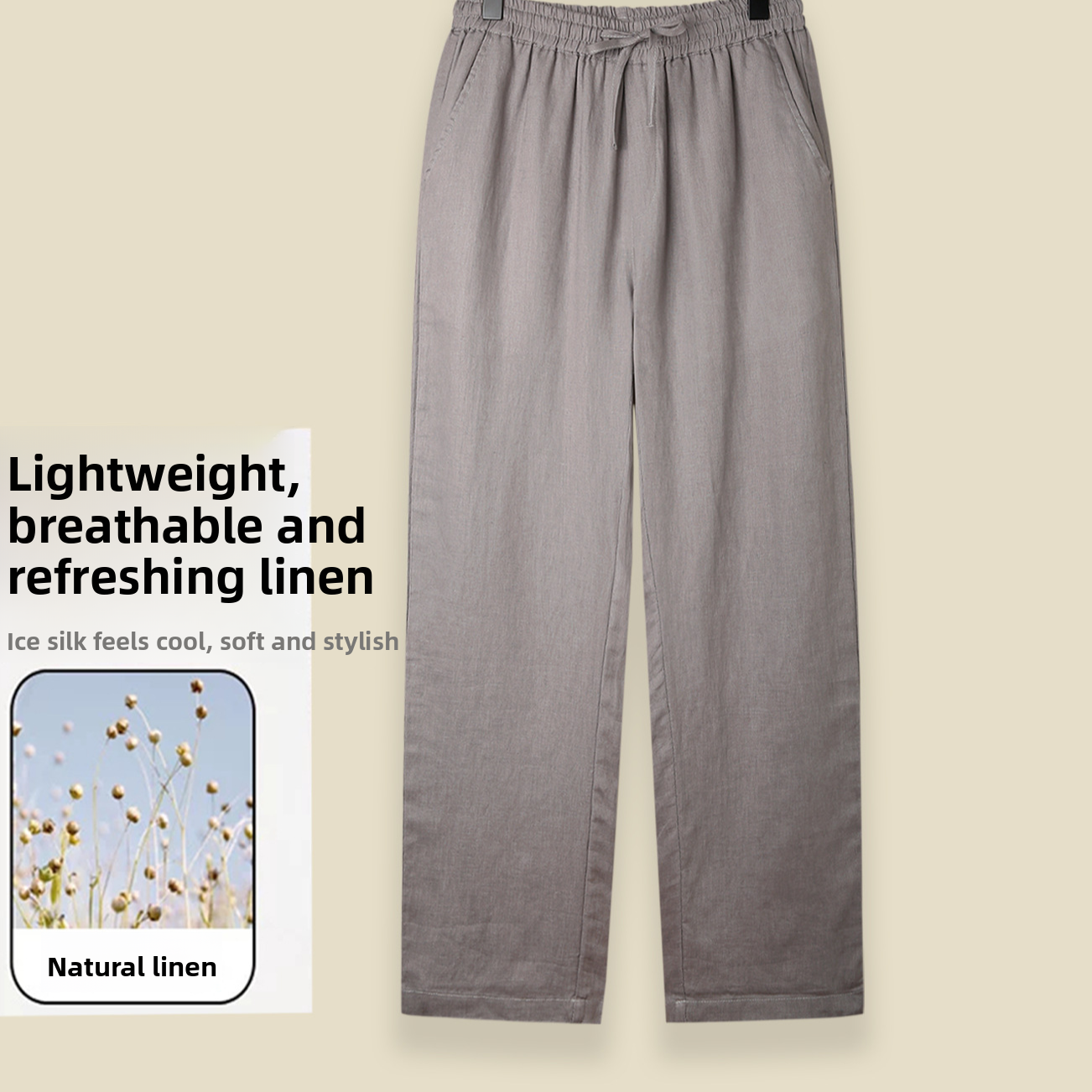 Men's 100% Linen Straight-Leg Casual Pants Breathable Loose Drawstring Trousers