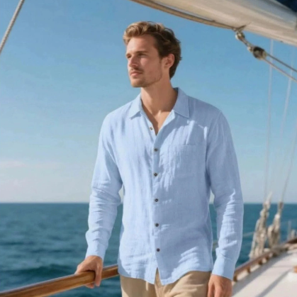 Men's Linen Long-Sleeved Shirt, Casual Breathable Button-Down Shirt, Beach Loose-Fitting Lazy Style Top