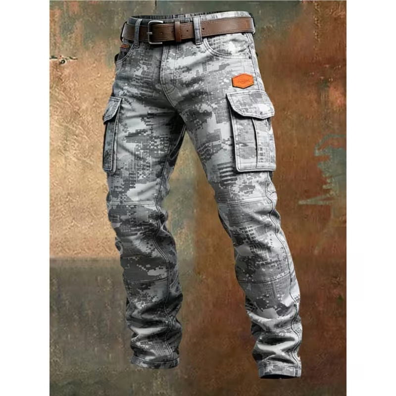 Mens Retro Straight-Leg Printed Work Pants