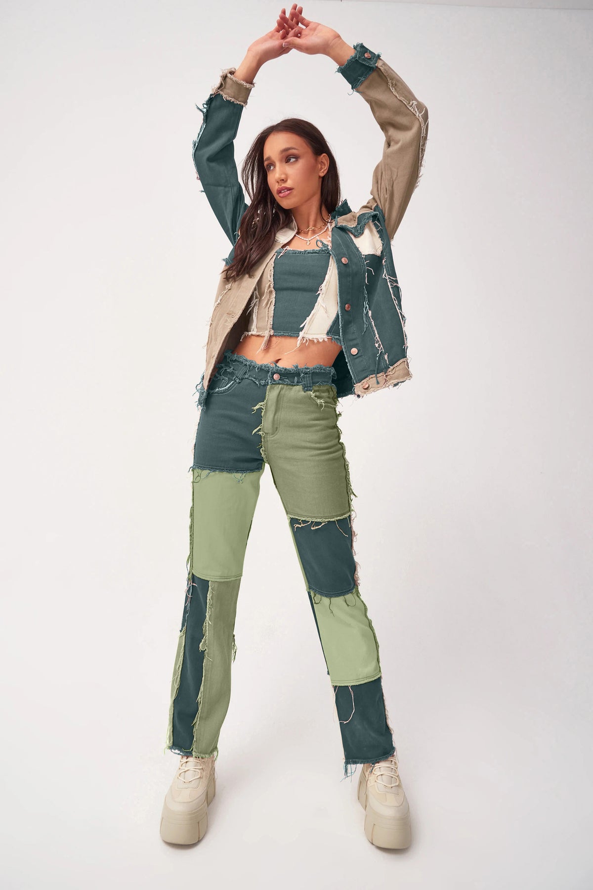 Mixed-color patched straight-leg denim pants