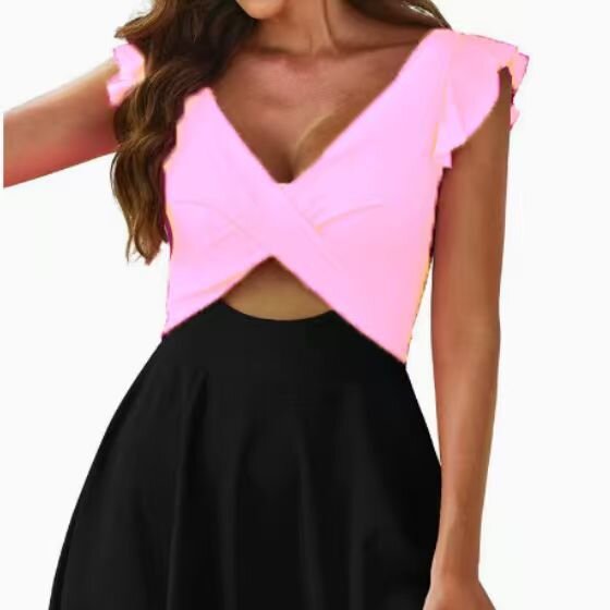 One-piece swimming suit with frilled cross-shaped skirt design
