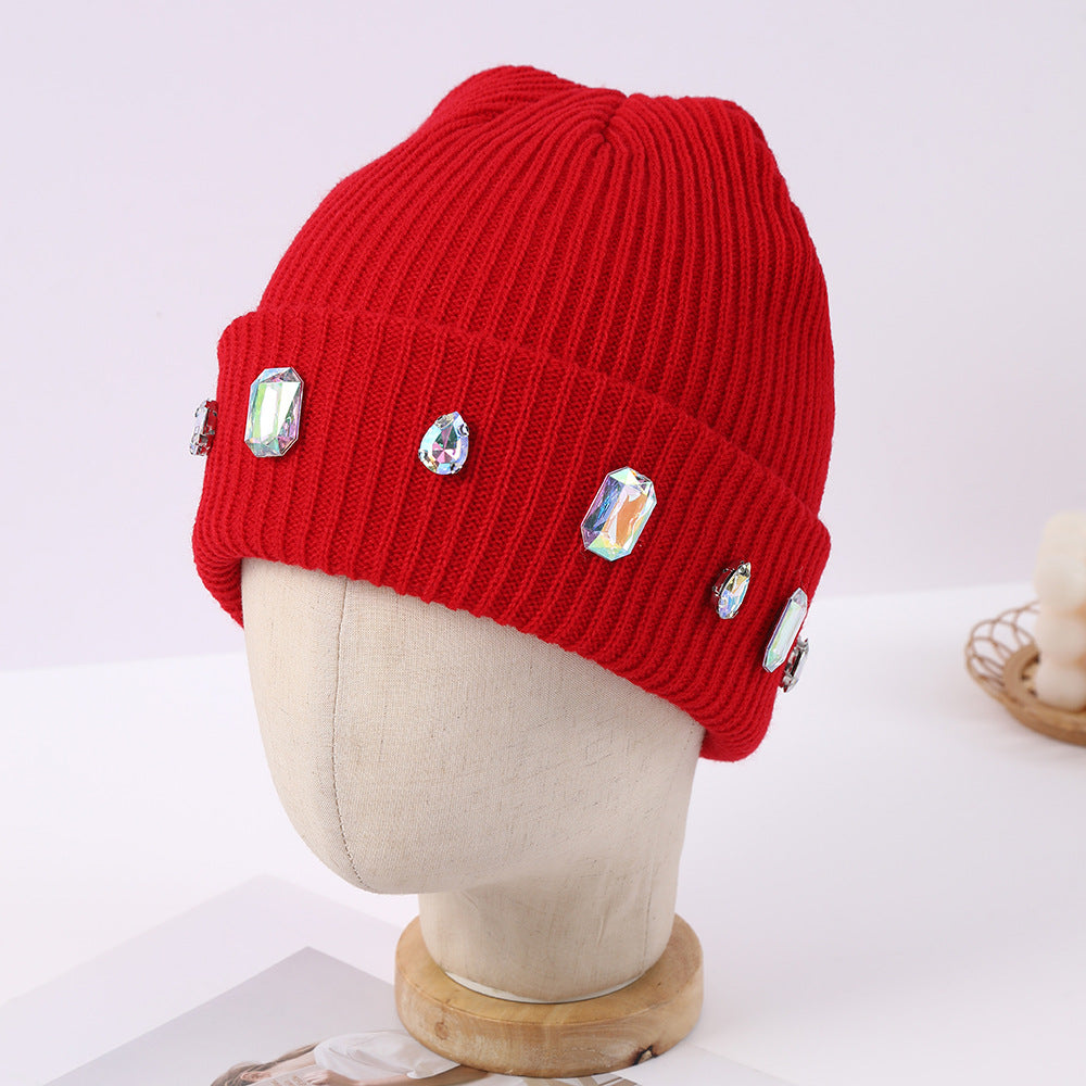 Pearl chain rhinestone woolen hat