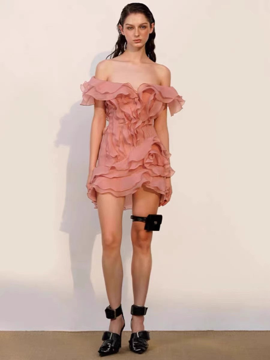 Petal Ruffled Shoulder dress V-Neck Short Skirt