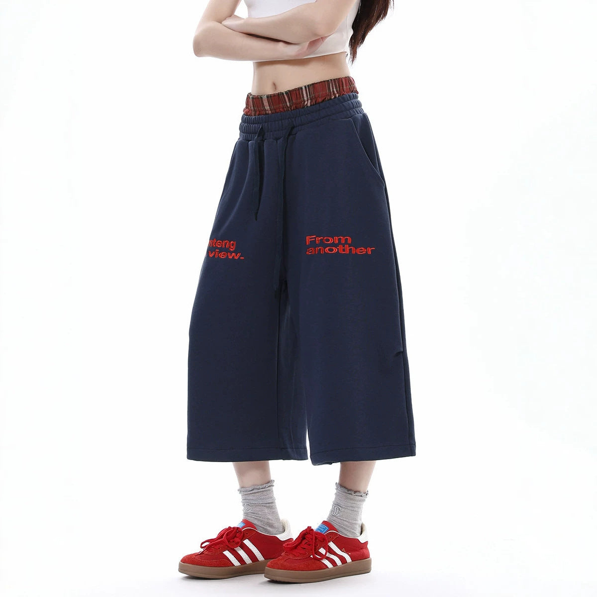 Plaid Patchwork Double Waistband Cropped Casual Pants