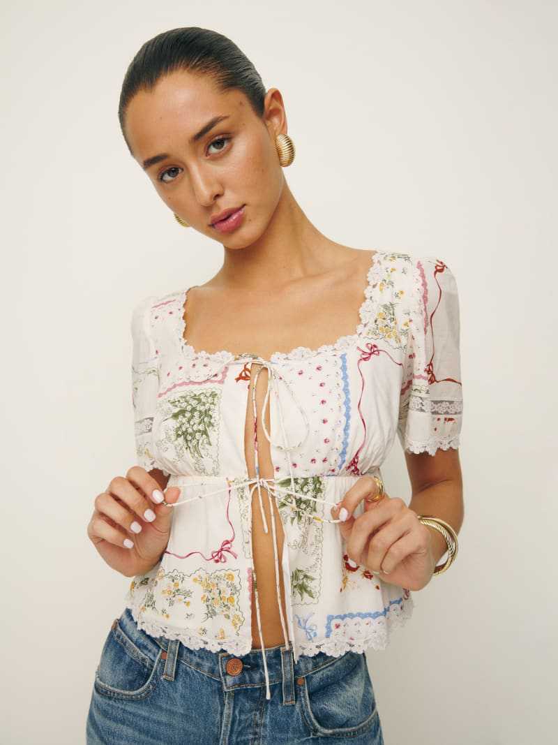 Printed Lace U-Neck Short Sleeve Shirt for Women
