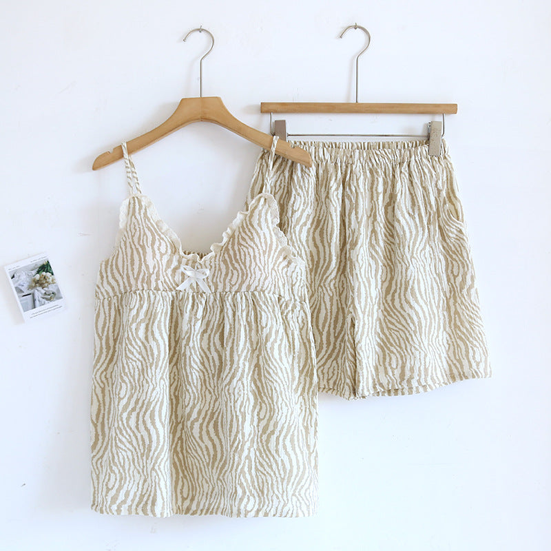 Pure cotton pajamas women's summer crepe sling chest pad two-piece suit sweet cute fresh home wear can be worn outside
