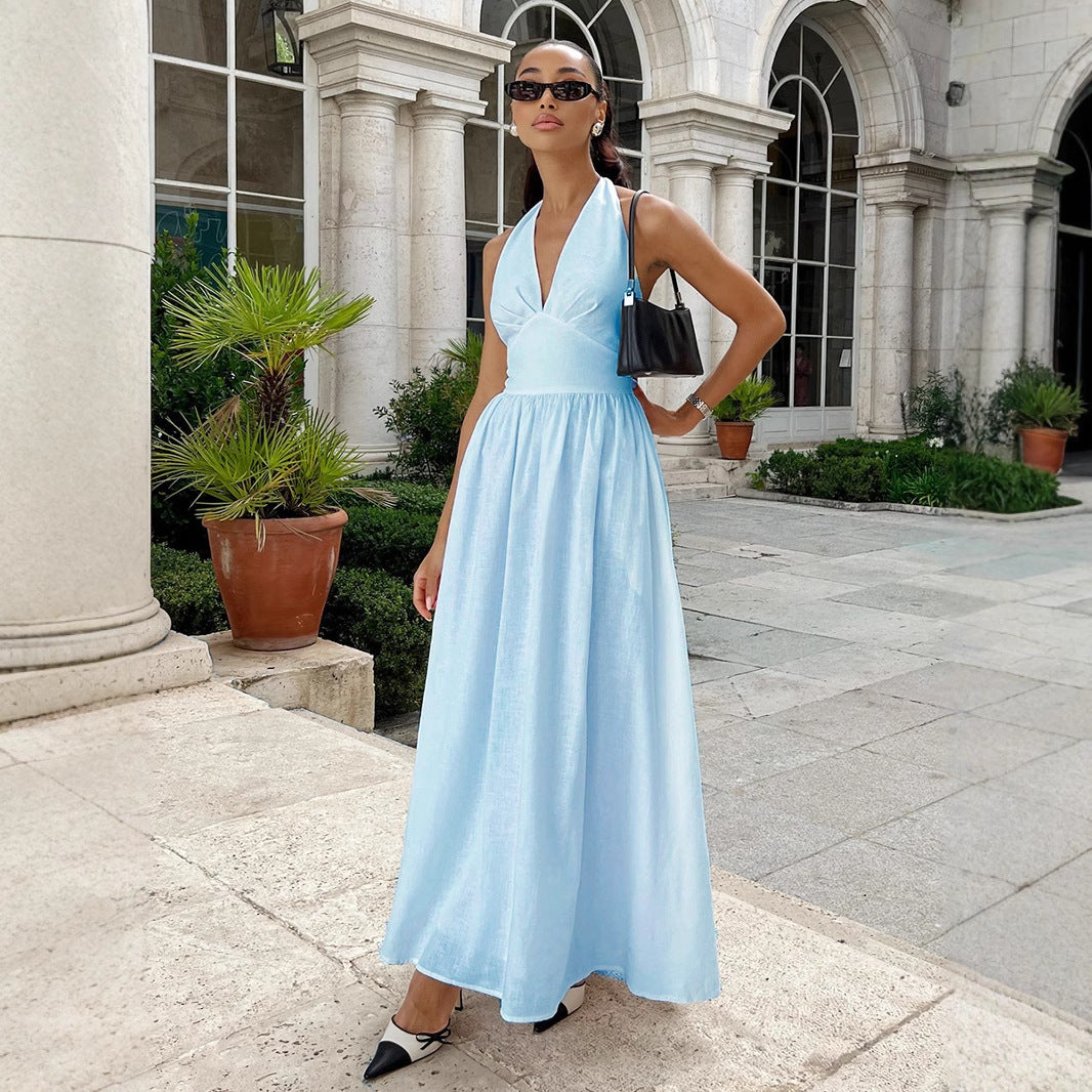 Pure Cotton V-Neck Lace-Up Long Dress