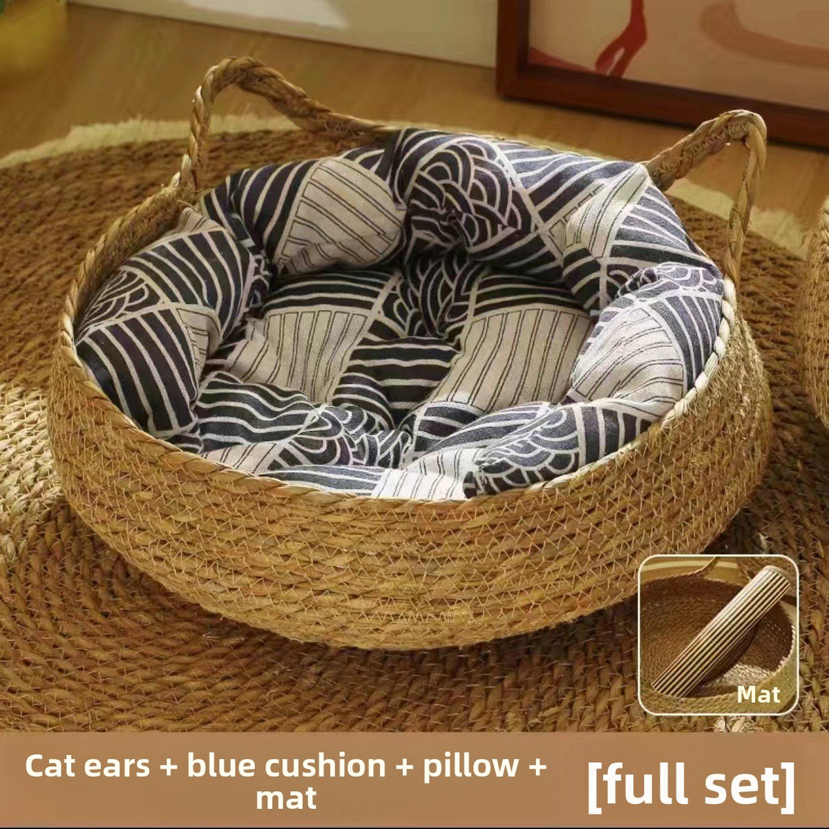 Rattan Woven Pet Cat Bed with Removable Cotton Pad