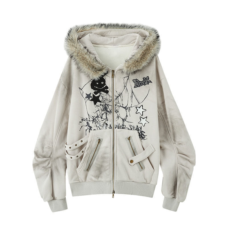 Retro fur-trimmed rabbit ear hooded sweatshirt