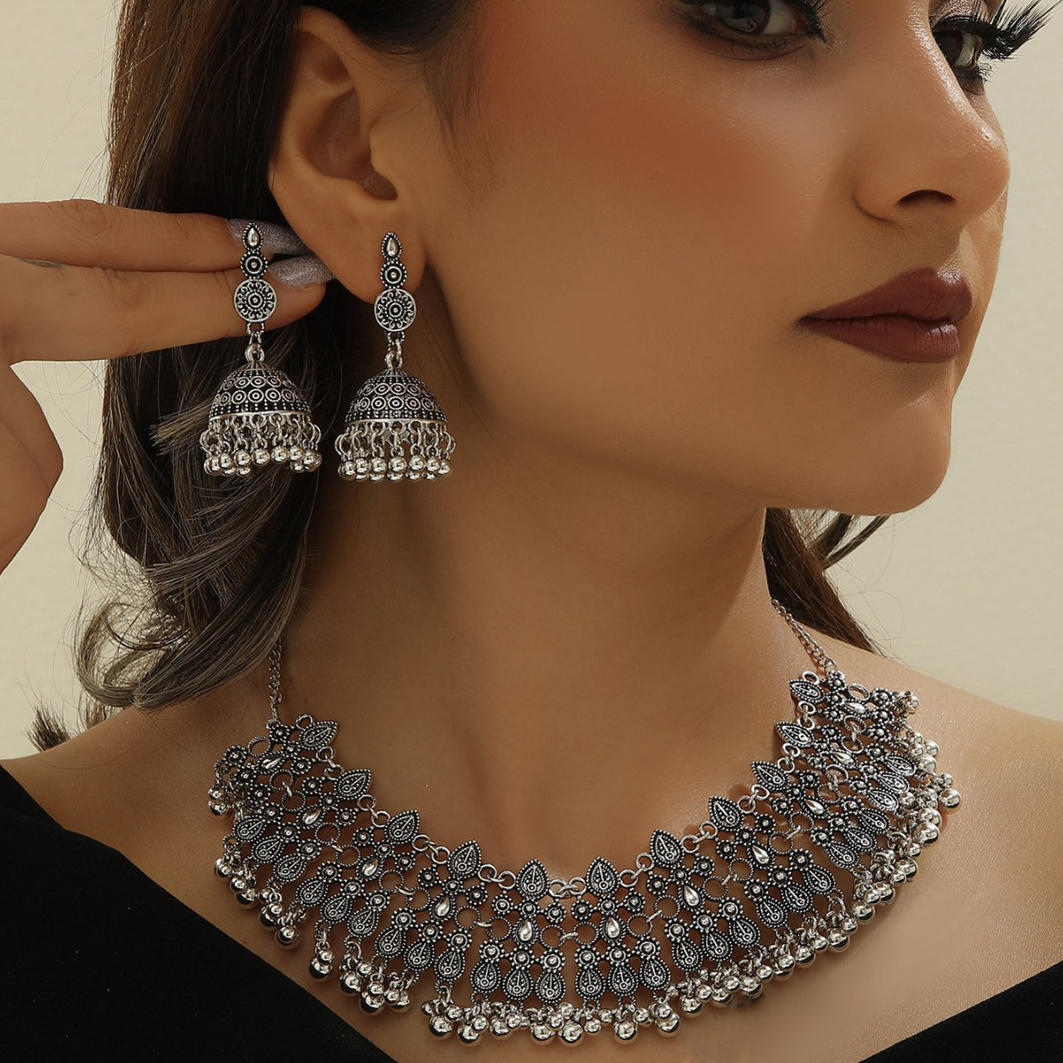 Retro Geometric Bell Necklace and Earrings Set