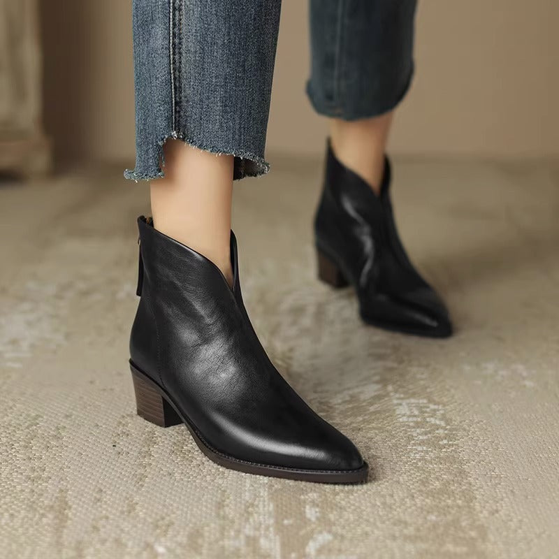 Retro Martin Boots Spring and Autumn Single Boots Women's Medium Heel Pointed Toe Thick Heel Short Boots Ankle Boots