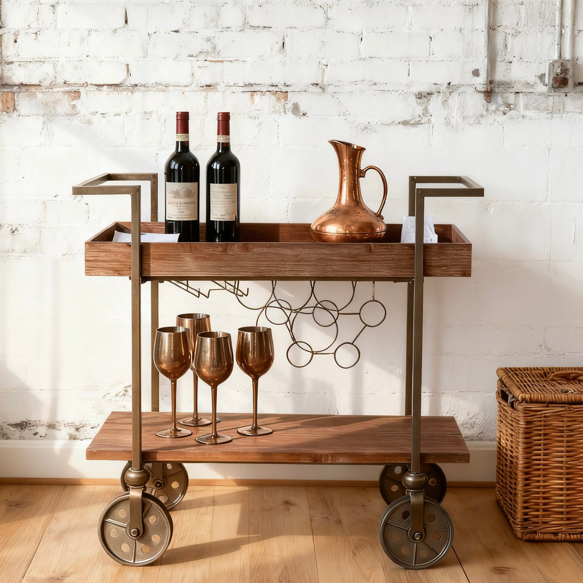 Retro Wood and Iron Storage Cart with Wheels