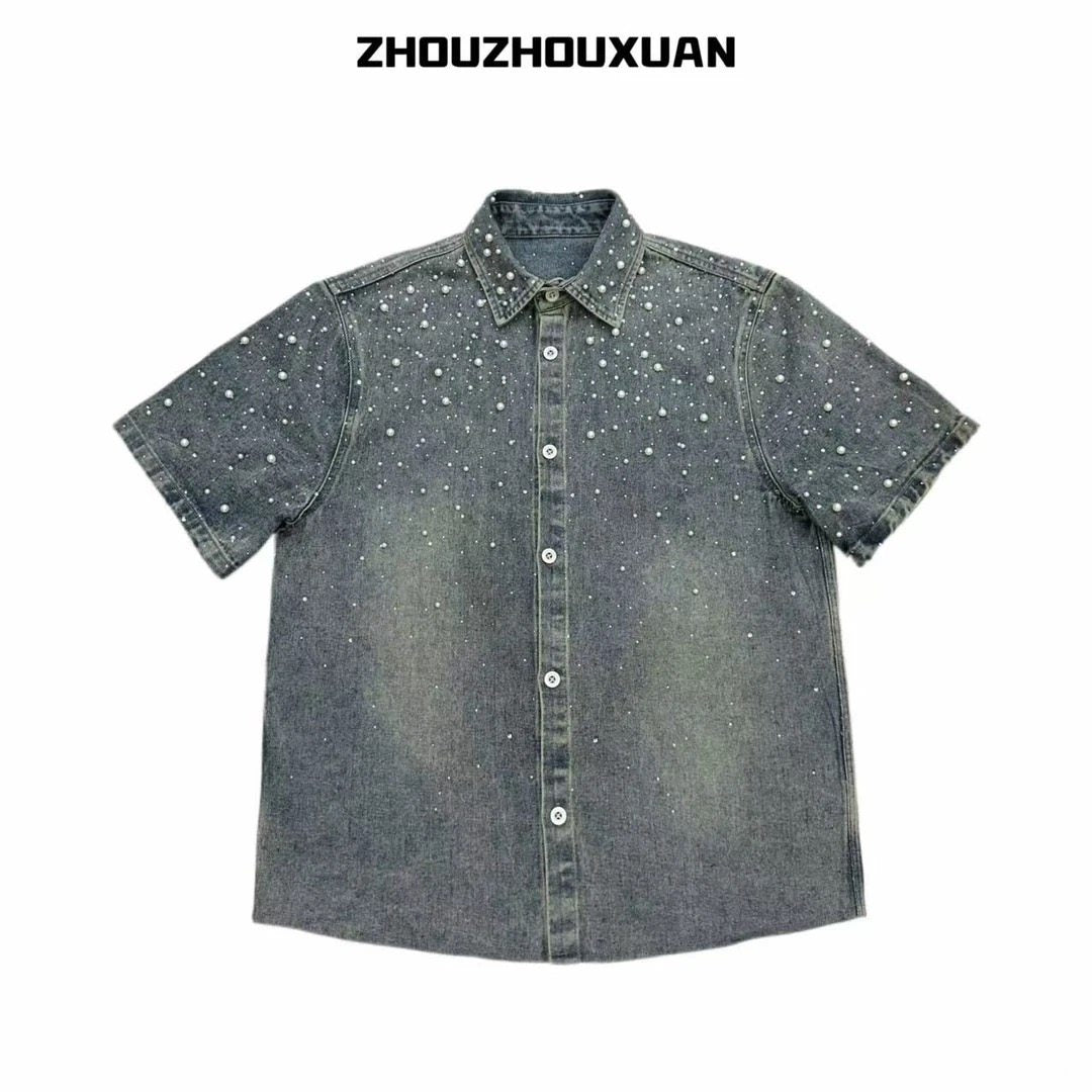 Rhinestone Pearl Denim Shirt