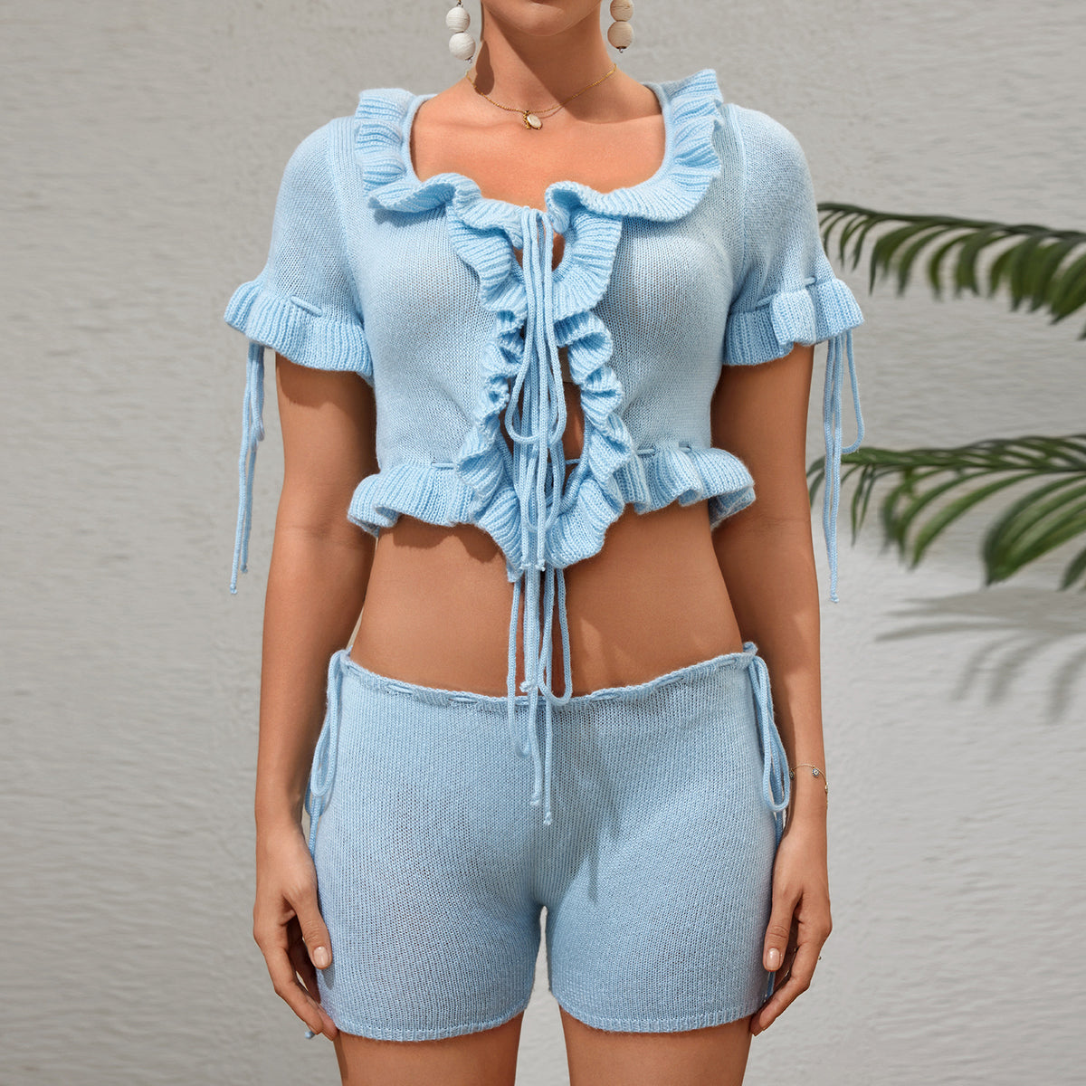 Ruffled Lace-Up Beach Shirt Set