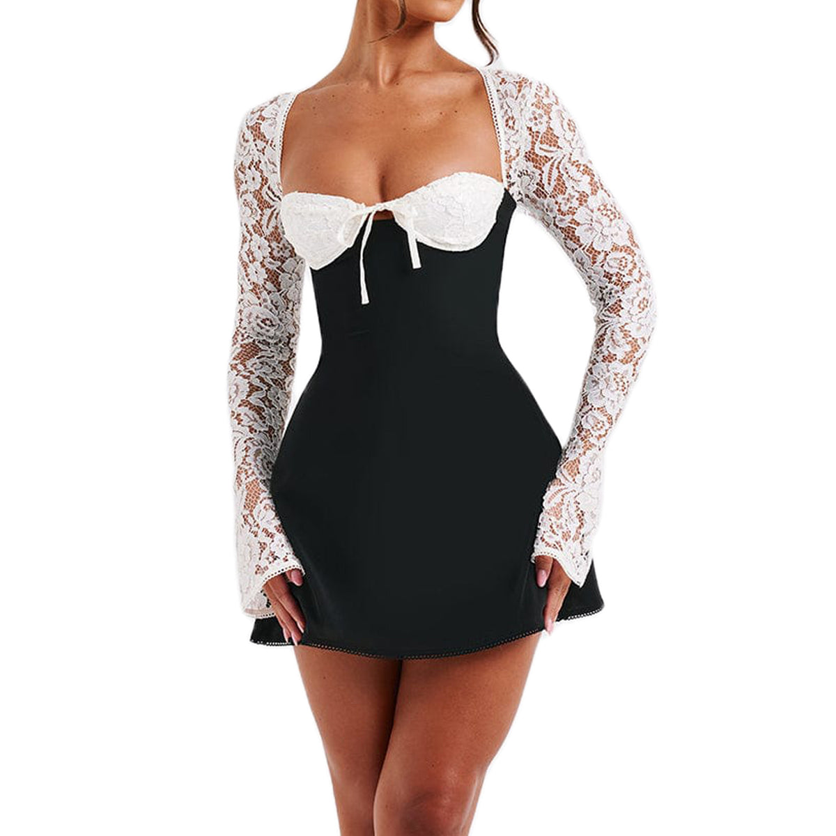 Sexy lace long sleeve dress backless lace-up