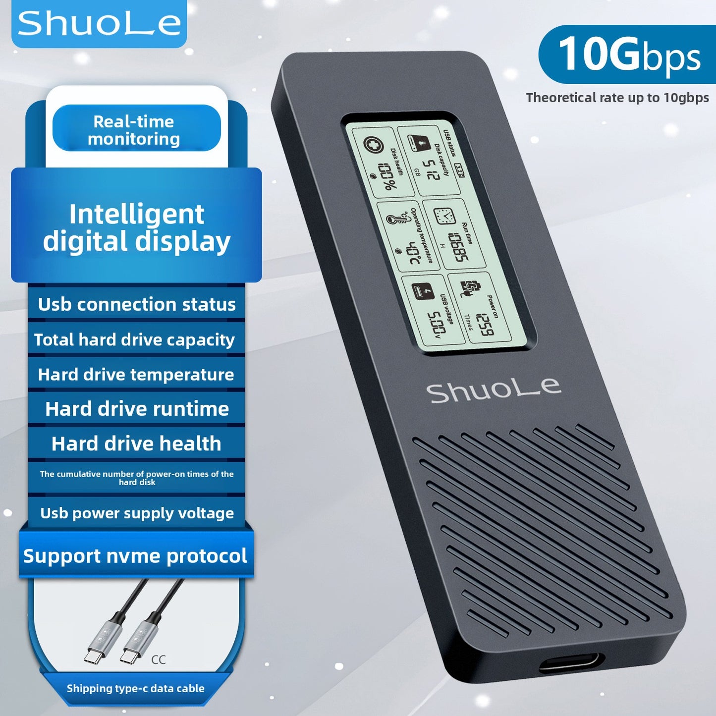 Shuole Digital Display NVME Hard Disk Enclosure
