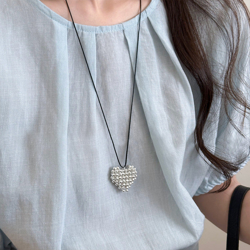 Silver Pearl Heart Long Necklace