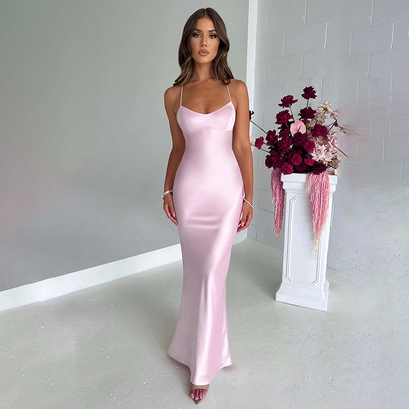 Simple Satin Tie Waist Strap Long Dress Birthday Party Wedding Banquet Slim Fit Dress dress