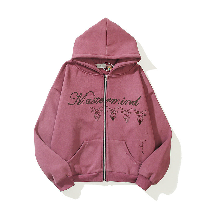 Skull Print Hooded Cardigan Fleece Lined Streetwear