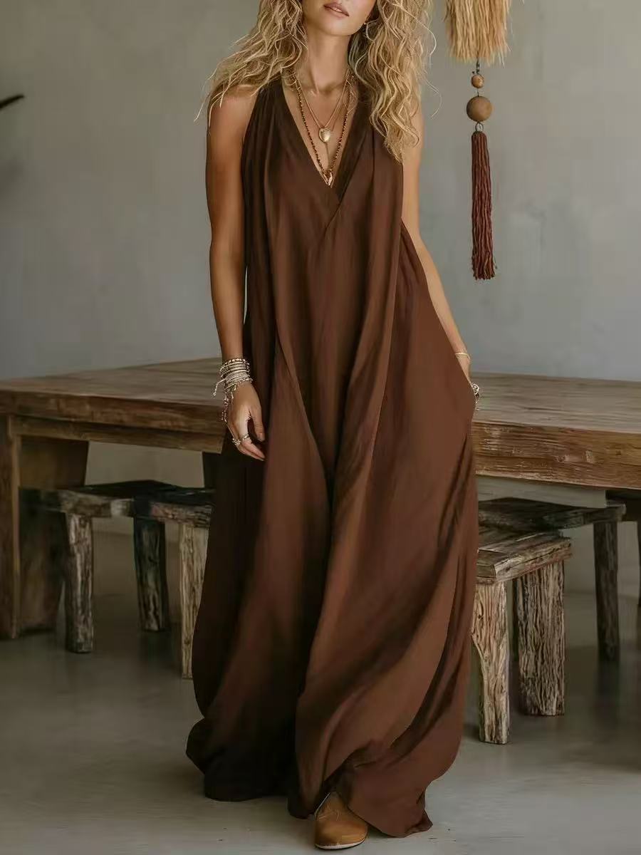Sleeveless Casual Cotton Linen Dress with Pockets