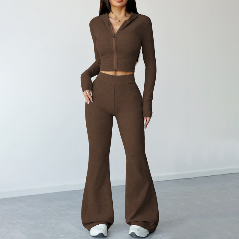 Slim-Fit Hooded Zip-Up Top and Yoga Flare Pants Fitness Set