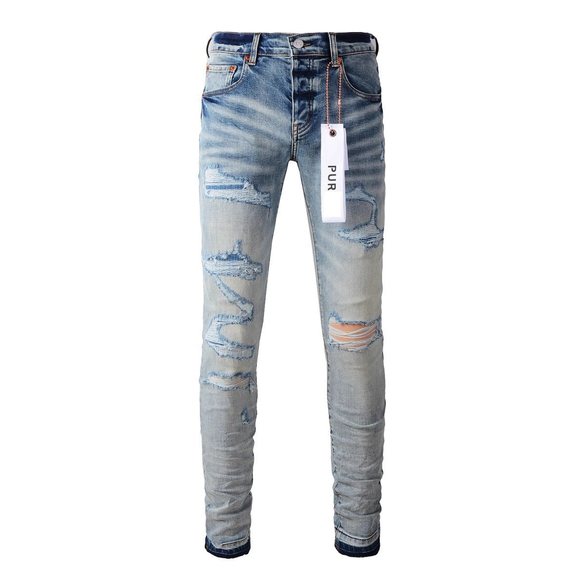 Slim Fit Patchwork Distressed Denim Jeans for Men