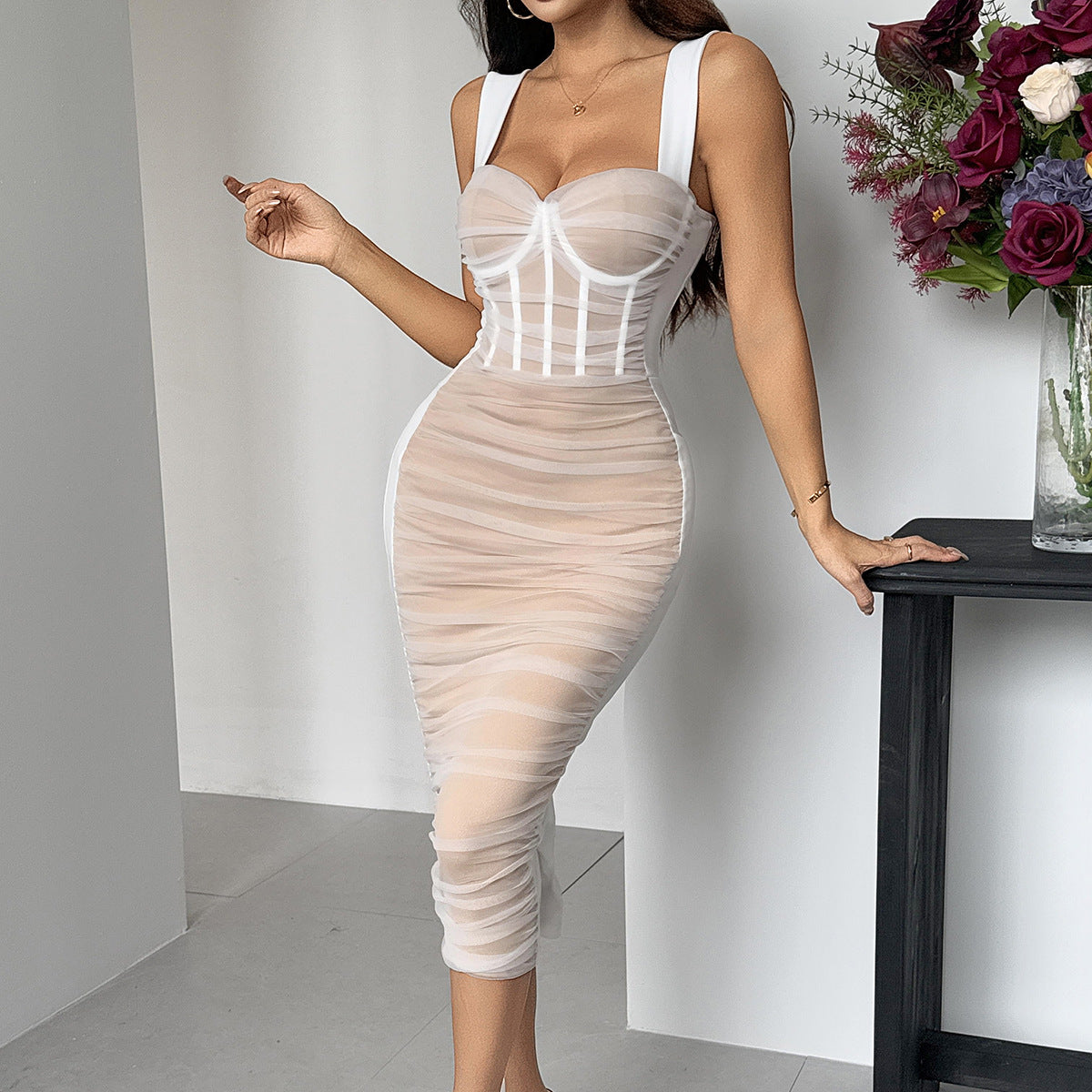 Spliced See-Through Mesh Dress with Pleated Slim Fit