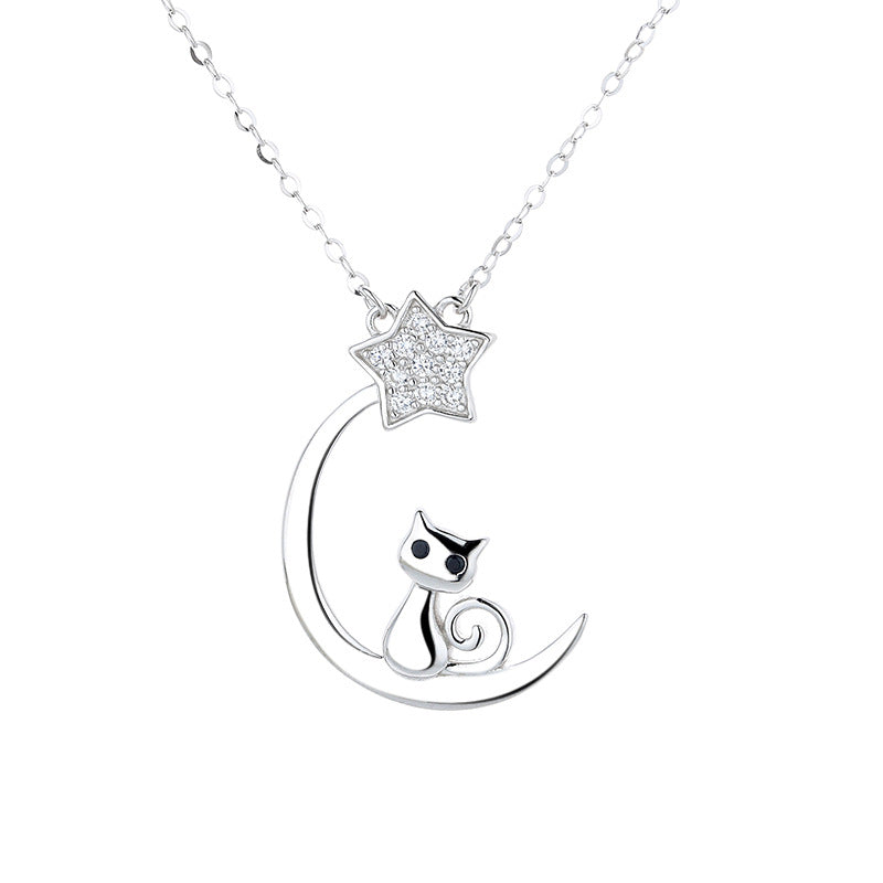 Star Moon Cat Pendant Silver Necklace