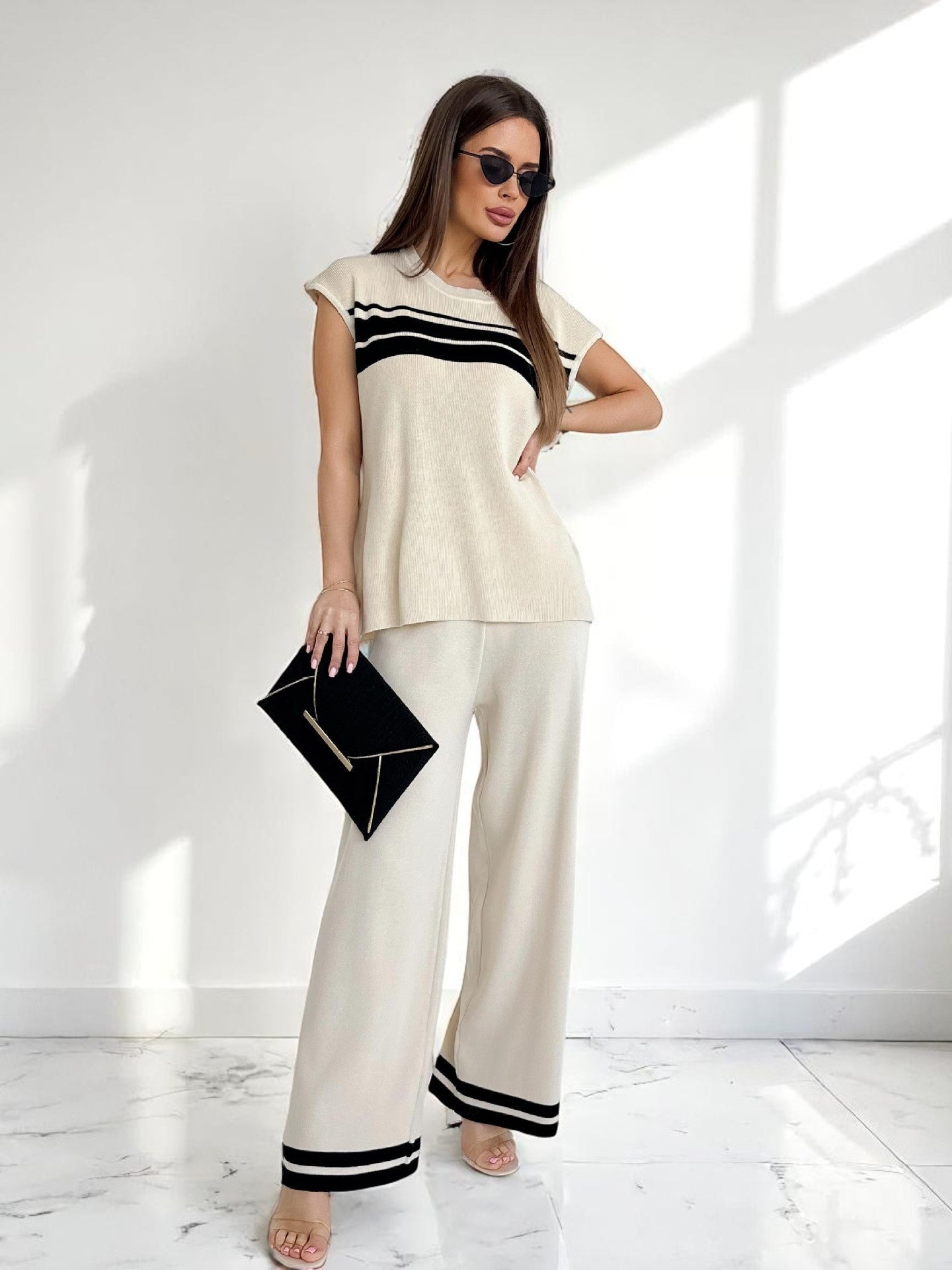 Striped short-sleeved T-shirt and loose wide-leg pants for women